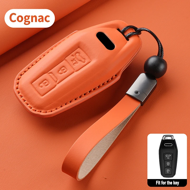 Premium Leather Car Key Case Cover - 3 Button Key Protector with Keychain