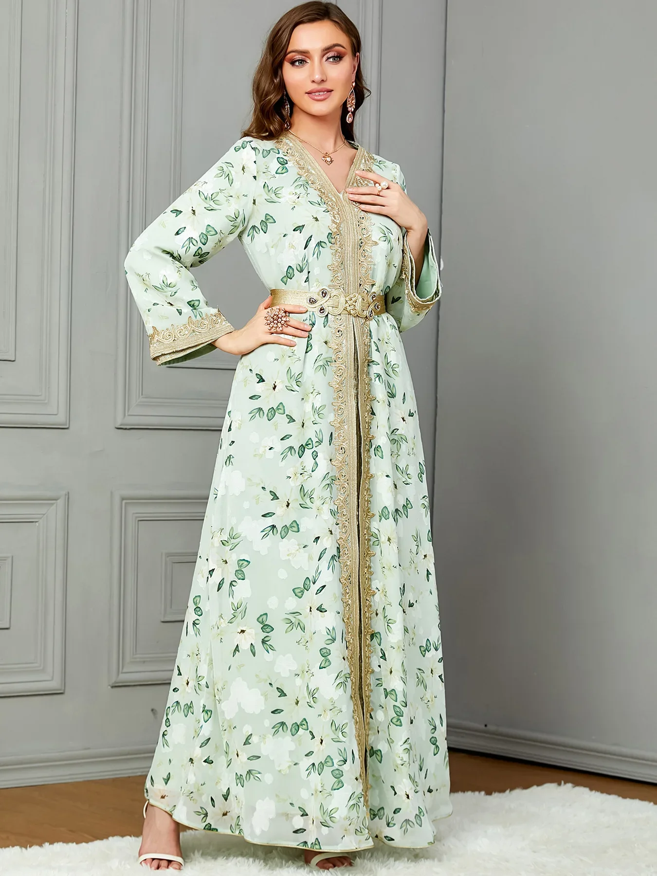 Autumn Winter Morocco Muslim Party Dress for Women Abaya 2 Piece Set Islamic Dresses Floral Print Kaftan Robe Vestidos Caftan