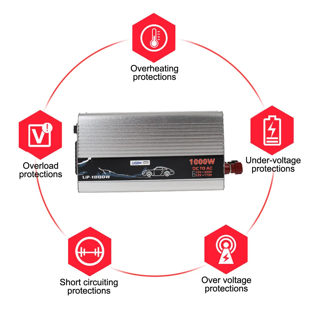 Trasformatore di tensione elettronico inverter di potenza a onda sinusoidale pura da 1000 W da 12 V a 110 V 220 V per camion portatile domestico per auto - immagine 2