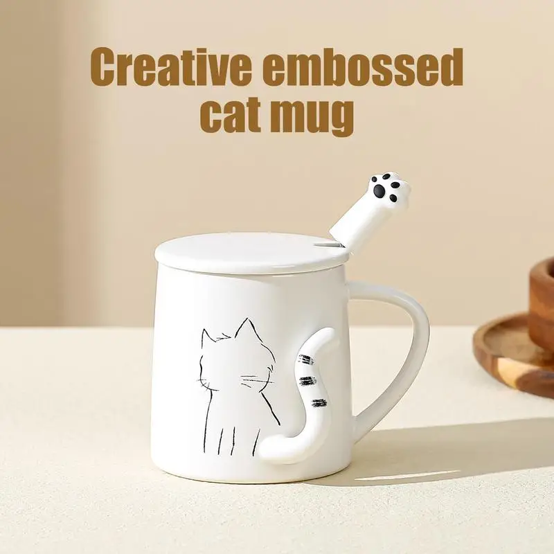 

Creative Embossed Cat Mug 3D Cat Coffee Mug With Lid & Spoon Cute Embossed Cat Tail Sketch Coffee Mug Gift To Cat Lover