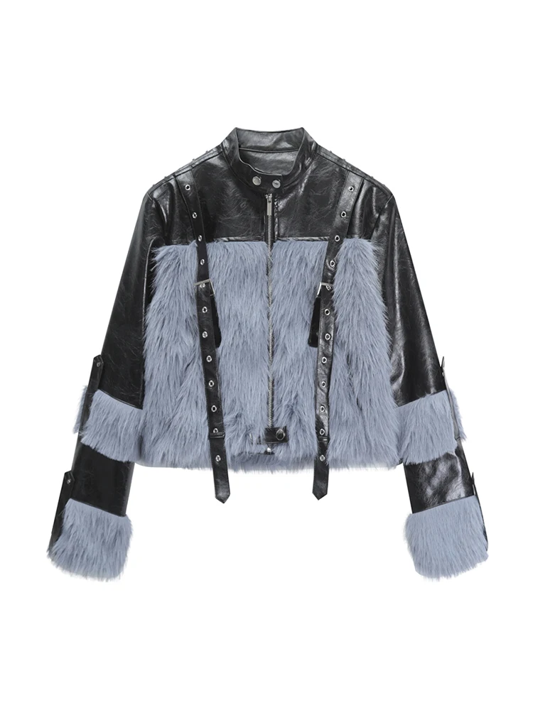 

2023 Autumn Fashion Leather Plush Jacket O-Neck Coats Vintage Long Sleeve Chic Grunge Outerwear High Street Grunge Streetwear