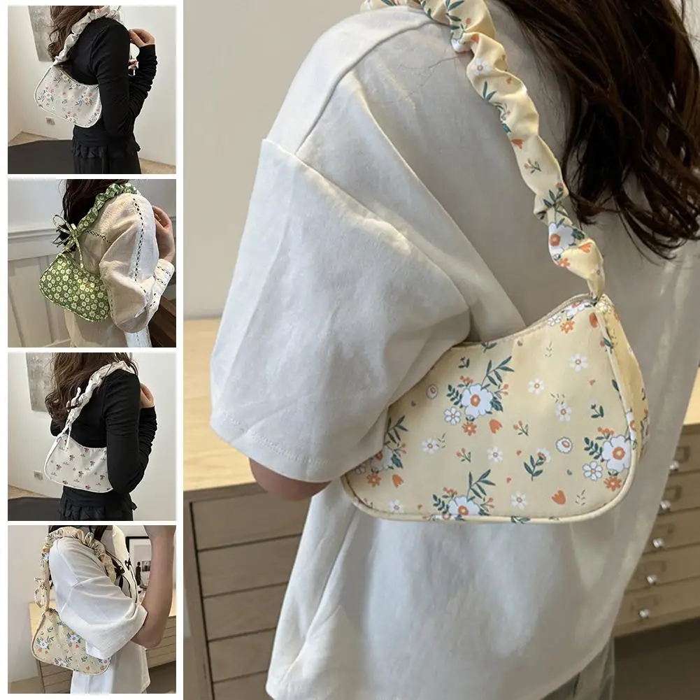 Women Small Corduroy Handbag Cute Pleated Shoulder Underarm Half Design Tote Bag Purse Moon Flower Purse Bag Print Little D7D9