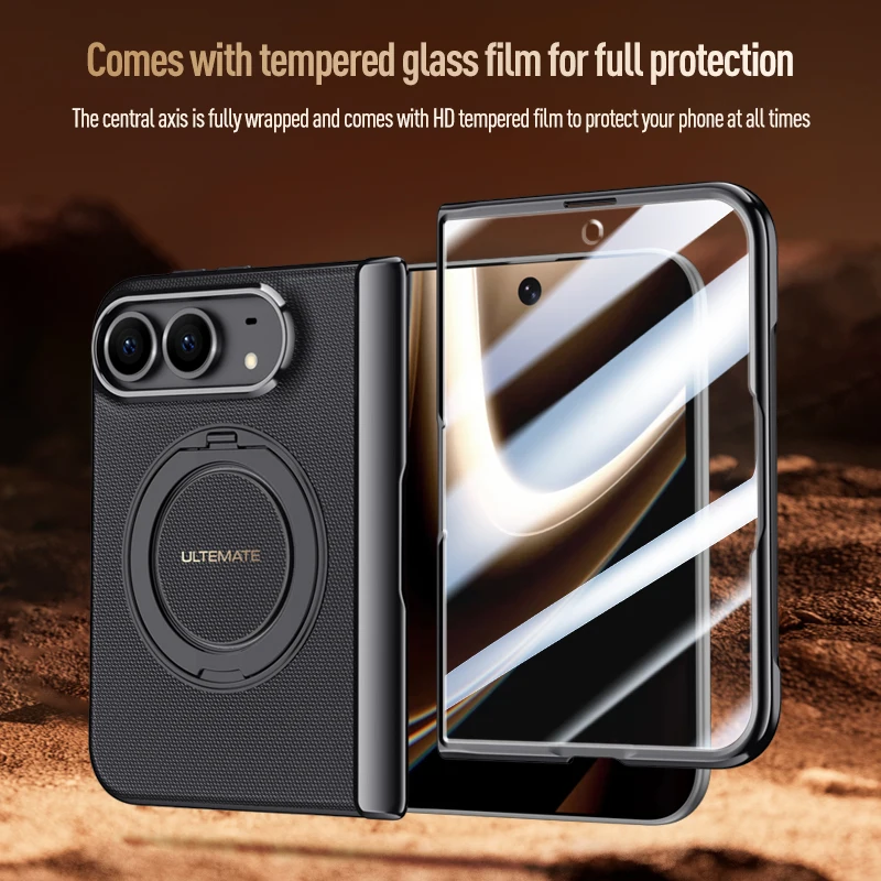 Luxury Magnetic PU Leather Case with Rotating Bracket & Hand Strap, Includes HD Privacy Glass