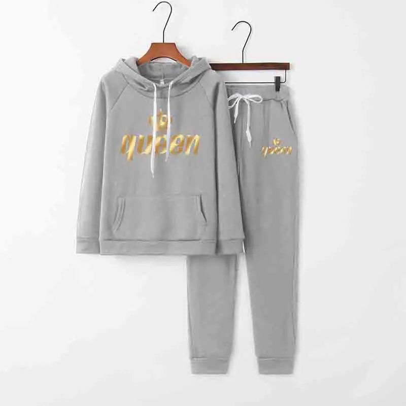 Tuveke women's autumn and winter latest Queen logo print tracksuit tracksuit drawstring solid color commuter women's suit