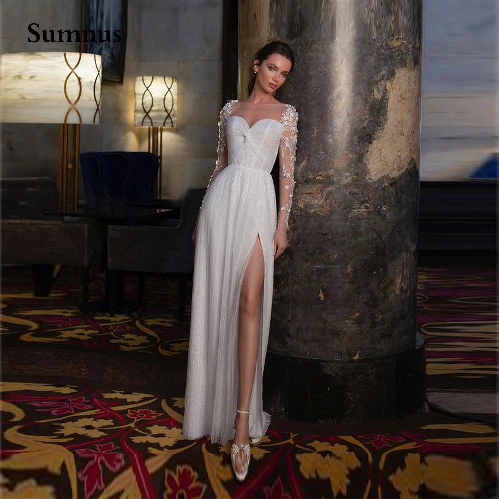 traditional wedding dresses Sumnus Elegant Beach Wedding Dress High Slit Beading Appliques Long Sleeve Customize Dresses For Bride Lace-up Back Shiny Gowns reception dress for bride