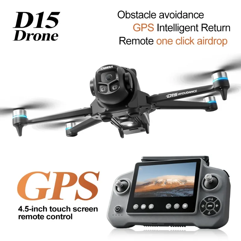 D15 드론 4K HD 트리플 카메라 FPV 브러시리스 모터 WiFi FPV 360도 항공 촬영 ° 장애물 회피 RC 쿼드콥터 전문 에어드롭 장난감