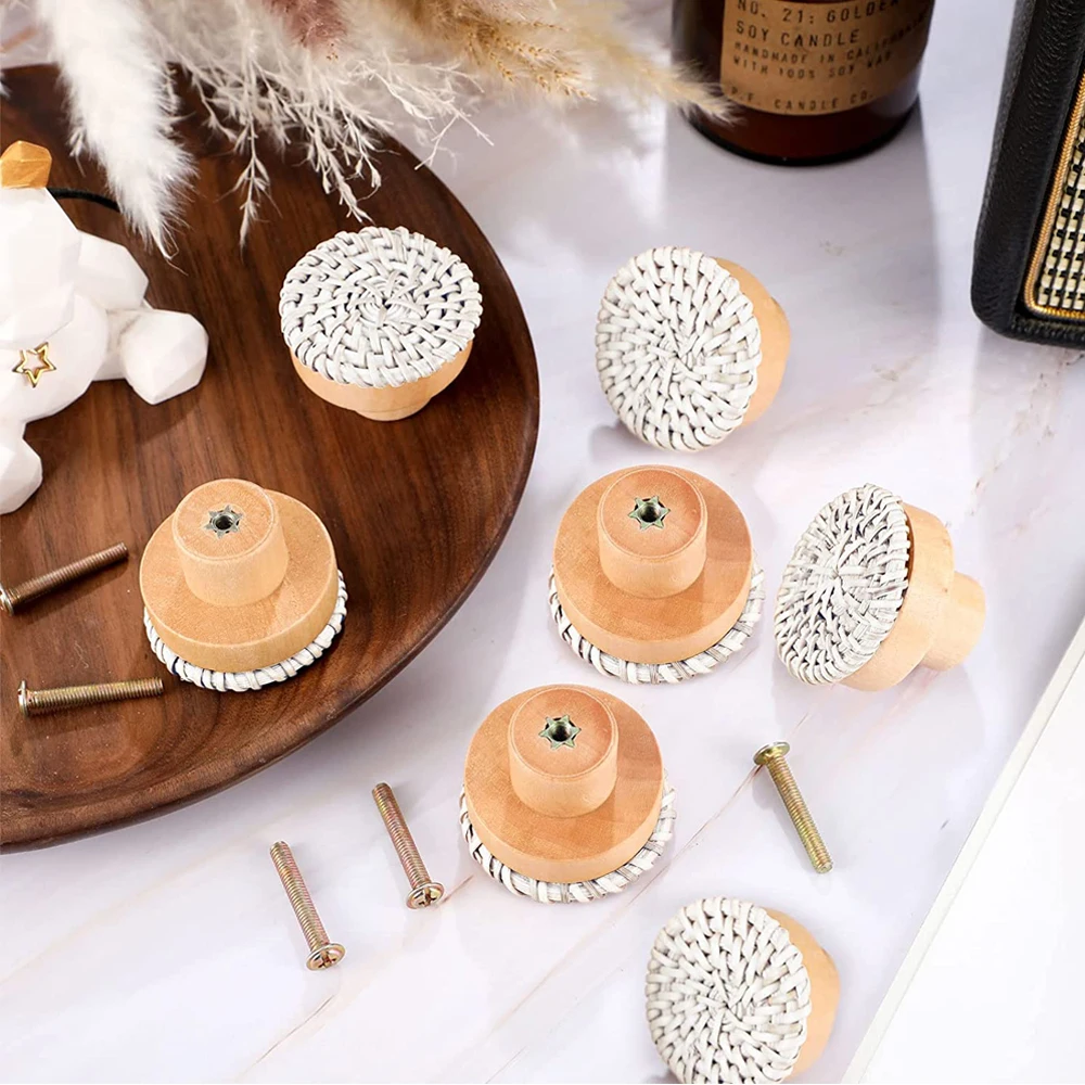 Rattan Wooden Handles Round Handmade Cabinets Drawer Pulls Wood Kitchen Cupboard Wardrobe Door Dresser Knobs 1-24pcs
