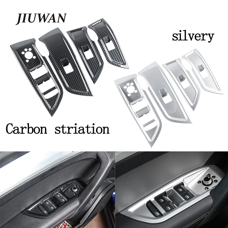 

For Audi Q5 FY 2018-2020 1 Set Carbon Striation & Silvery Car Window Lift Swith Panel Frame Cover Trim ABS Wear-resistant Strips