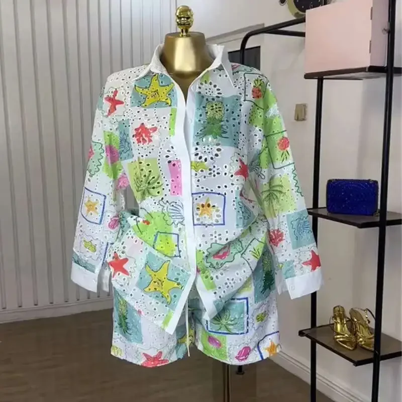 Women's Clothing 2025 Summer New Fashion Printed Hollow Out Turn-down Collar Long Sleeve Shirt Shorts Casual Set