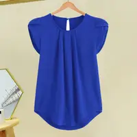 Loose Fit Shirt Stylish Women's Summer Tops Petal Sleeve Pleated T-shirt Solid Color Round Neck Blouse Casual for Large 1
