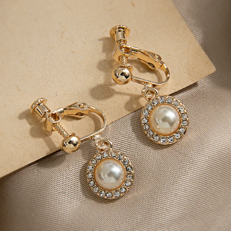 trendy male earrings GRACE JUN Korean Design Simulated Pearl Screw Clip on Earrings Non Pierced Baroque Rhinestone Ear Clip Women's Jewelry Wholesale trendy traditional earrings Trendy Earrings