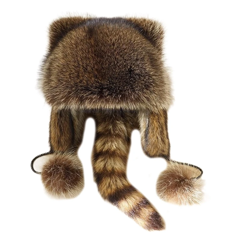 Plush Russian Plush Hat Winter Mongolian Hat Thicken Parent-Kids Raccoon Tail Hat for Adult Teens Keep Warm Hat