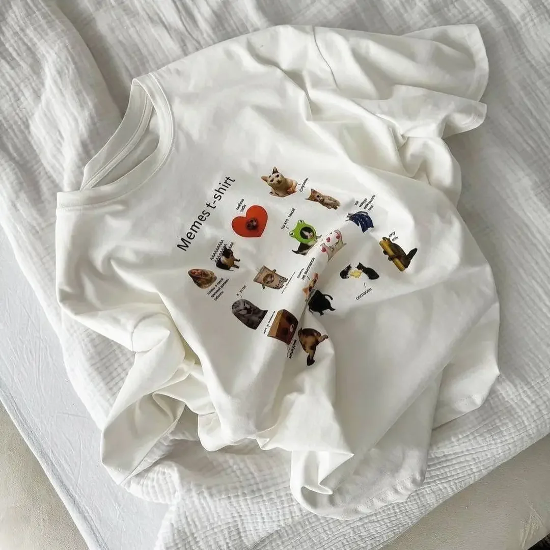 Camiseta grande con estampado de texto y estampado de animales kawaii americanos Y2K, estilo punk rock, cuello redondo, manga corta, de algodón, estilo harajuku