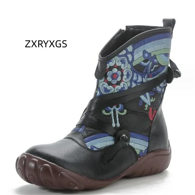 

ZXRYXGS 2023 Autumn Winter Printed Spell Color Genuine Leather Boots Trend Shoes Women Fashionable Boots Flat Comfort Snow Boots