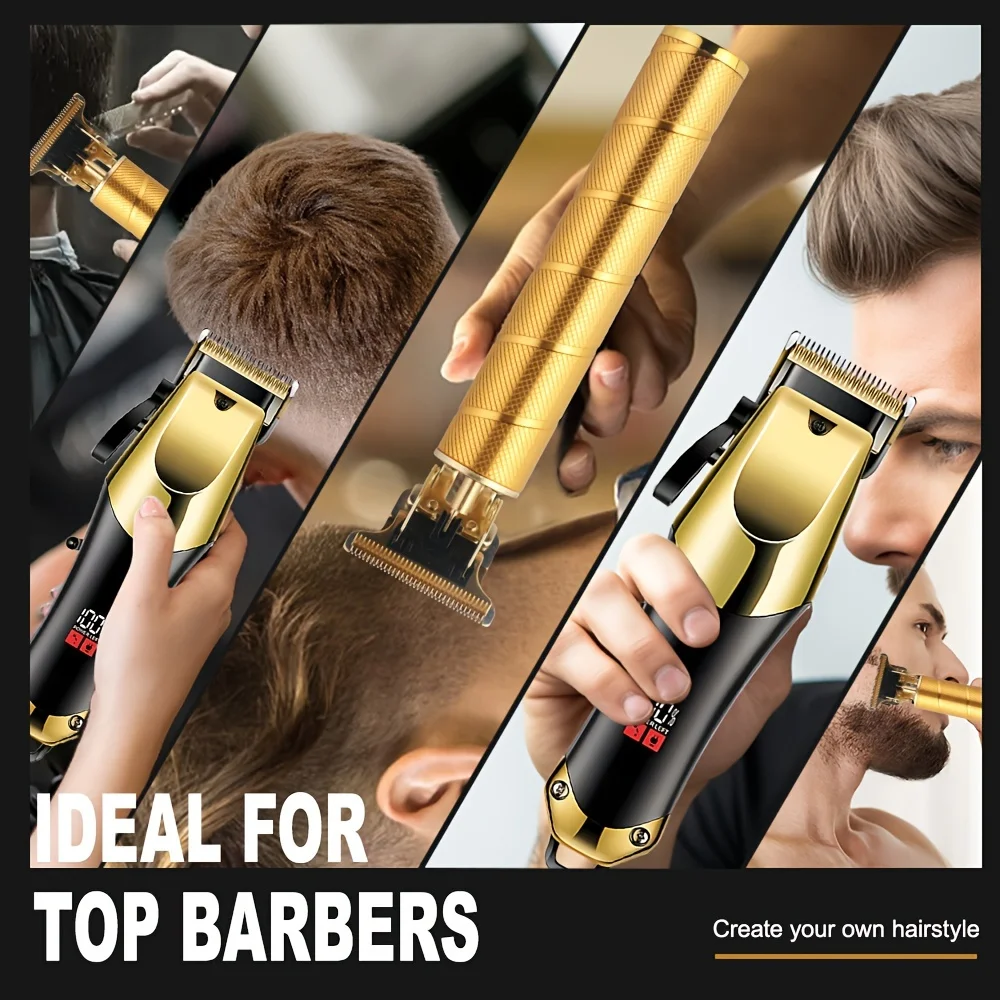 Men's Grooming Kit 3-Piece Set, Golden Balck Hair Clippers With LCD Display, USB Rechargeable, 8 Guide Combs, Trimmer And Shaver 4