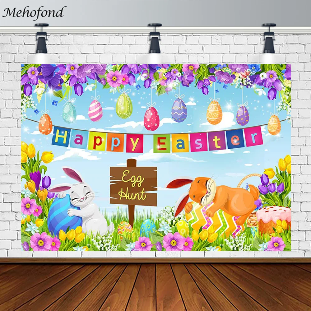 Mehofond Primavera Pasqua Sfondo Bunny Outdoor Green Prateria Uova Colorate Fotografia Sfondo Photo Studio Puntelli Photocall