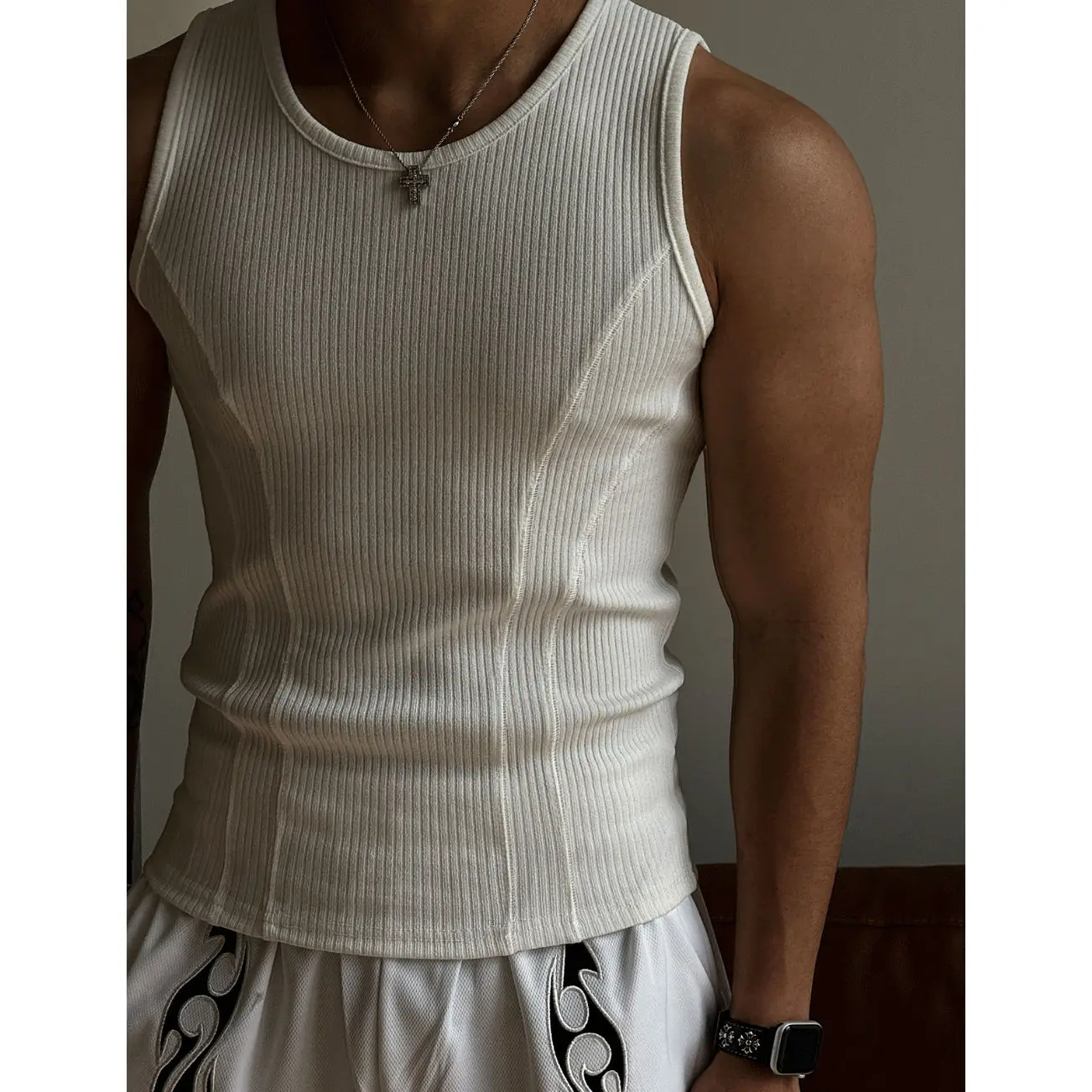 Mens Ribbed Sleeveless Tank Top Activewear Fitness Sports Bodybuilding Vest Breathable Quick-drying Elastic Undershirt Gym Top