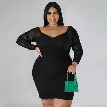 plus size New Arrivals V Neck Sexy Women Nightclub Dress Bodycon Gowns Long Sleeves Solid Plus Size Party Dresses 1