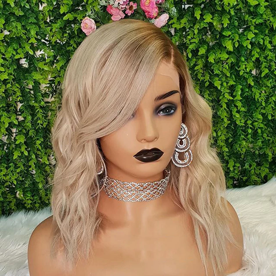 

Blunt Short Bob Ombre Ash Blonde Gray Wave European Human Hair Jewish13x4 Lace Front Wig For Black Women Soft Glueless Baby Hair