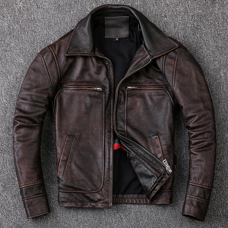Men Leather Jacket Men Cowhide Coat Vintage Style Man Leather Jacket Motorcycle Biker Jacket Plus Size 134cm