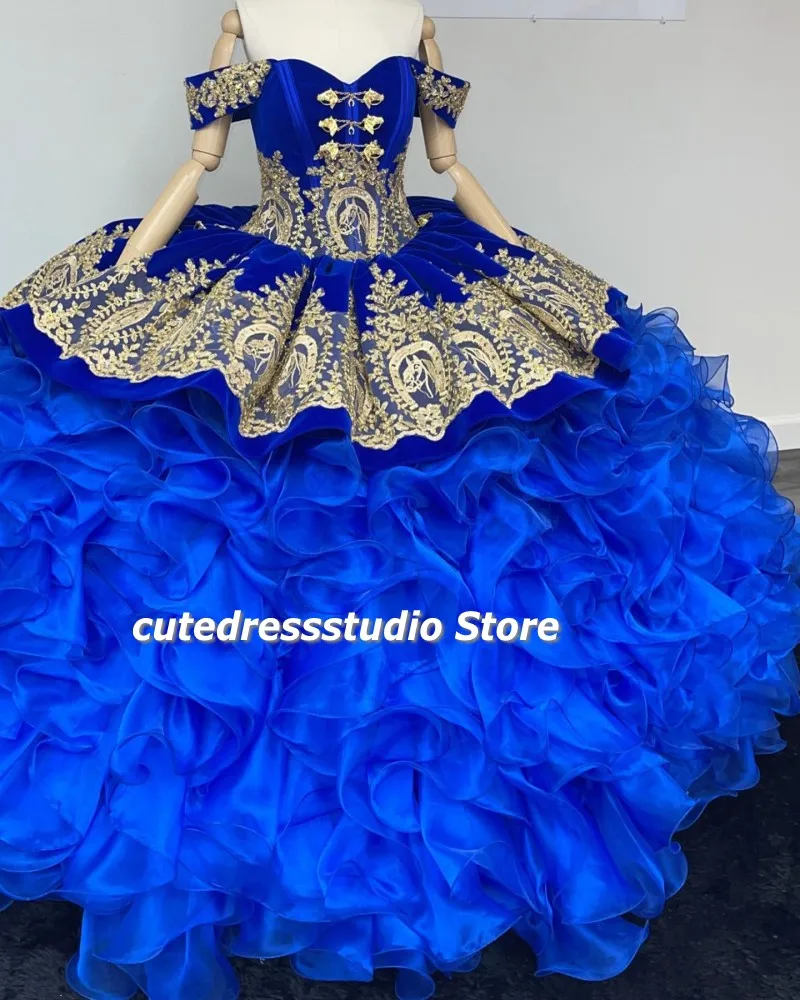 

Charro Vestidos De 15 Años Royal Blue Quinceanera Dresses Horseshoe Lace Mexican XV Girls Pageant Gowns Organza Prom Dress