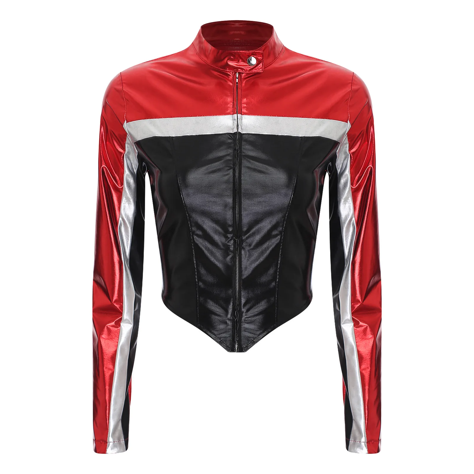 thumbnail image 1 of Chaquetas brillantes para mujer, ropa de abrigo con contraste metálico, disfraz de Cosplay de carreras para conducir, abrigo corto con cremallera frontal y cuello levantado de manga larga, 1 of 5