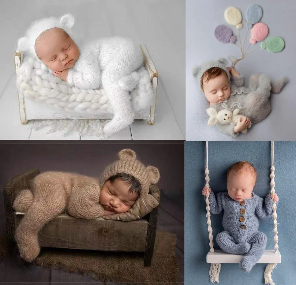 

2pcs/set Newborn Photography Props Baby Costume Romper Mohair Jumpsuit Crochet Hat Wool Baby Boy Girl Outfit Animal Photo Prop