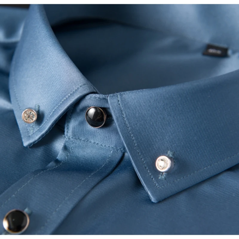 Men's Fashion Long Sleeve Shirt Silk Stretch Anti-Wrinkle Diamond Collar Button Formal Party Casual Wedding Poplin Shirt