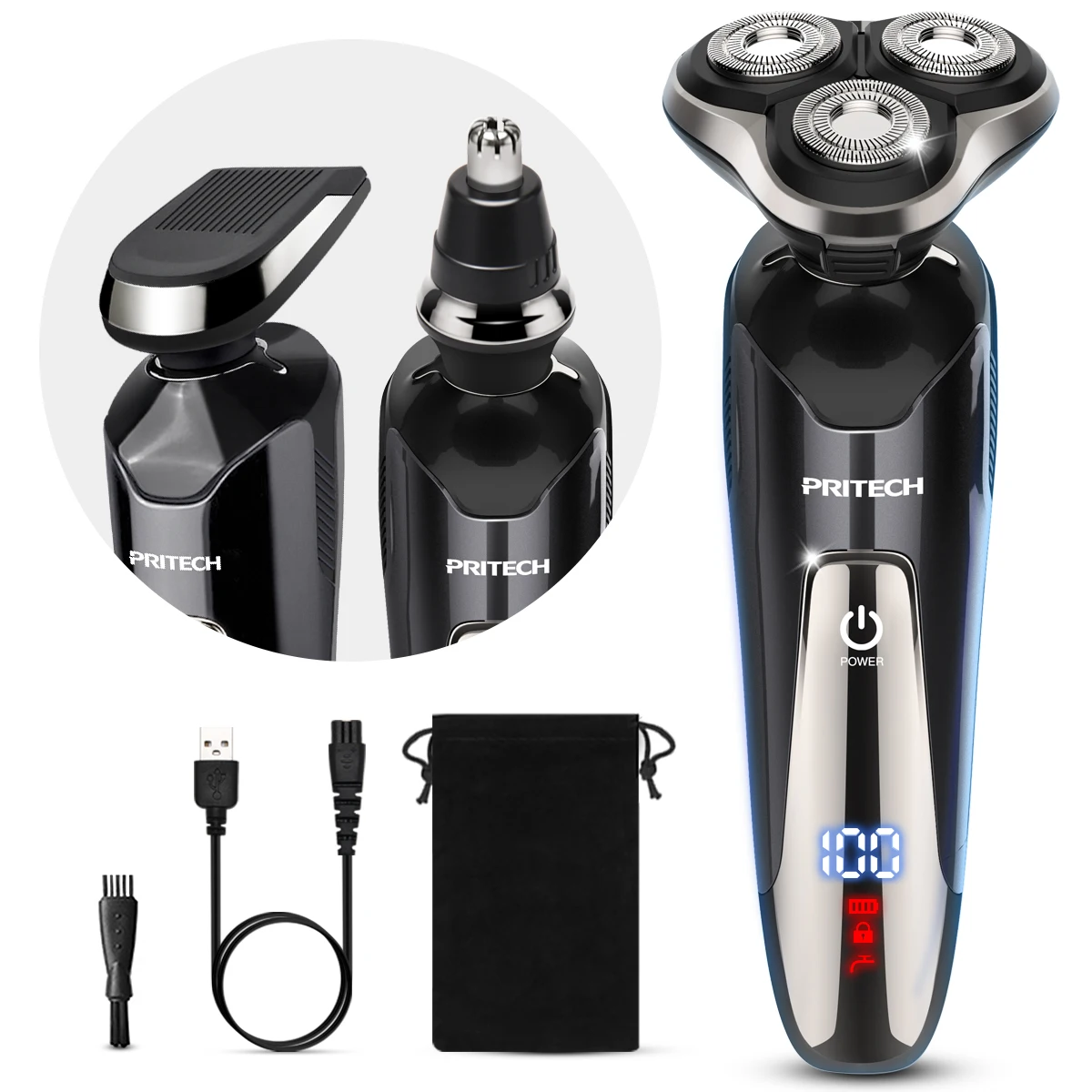 Pritech Masculino Barbeador Elétrico Aparador de Pêlos Usb Recarregável Navalha sem Fio Clipper Rosto à Prova Impermeável Água Rotativo Barba Nariz Trimmer