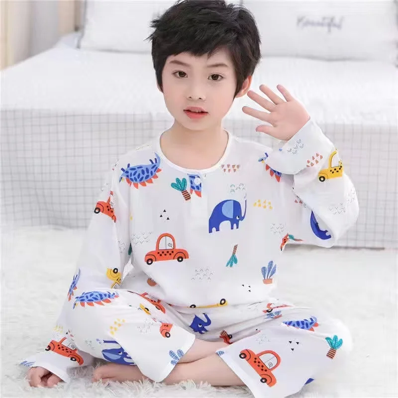 Summer Children's Cotton Silk pajamas Boys And Girls Home Clothes Baby Long-sleeved + Trousers Two-piece Kid's Brethable Suit cute pajama sets	 Sleepwear & Robes