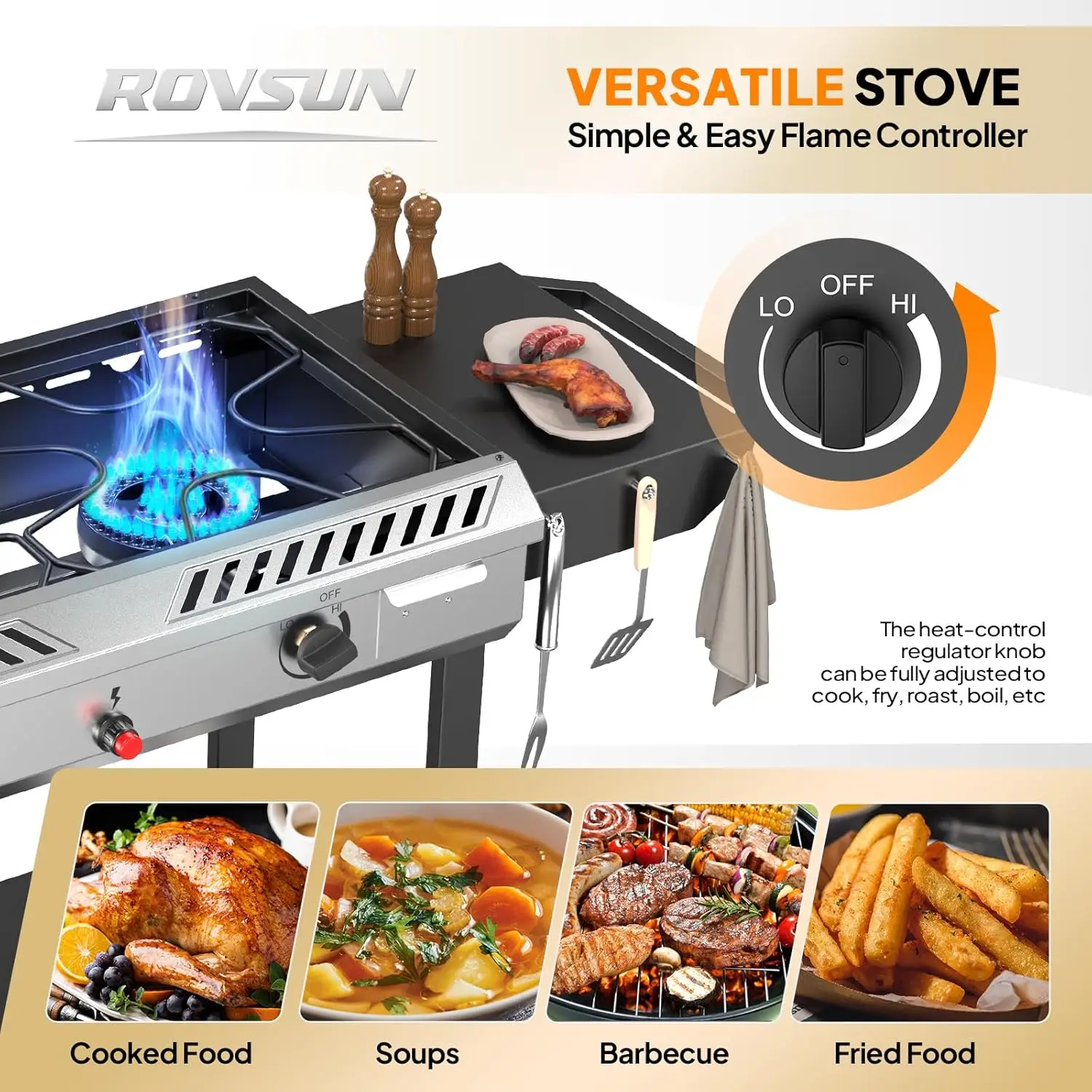 Burner Outdoor Propane Gas Stove with Griddle, Auto-ignition, Regulator & Side Shelves, 150,000 BTU Powerful Stand Cook 5