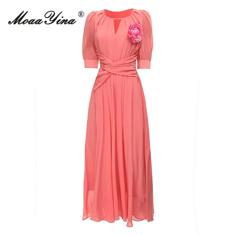 

MoaaYina, модное дизайнерское платье, летнее женское платье, розовое элегантное платье с аппликацией, рукав-фонарик, отделка, платье-рубашка с высокой талией