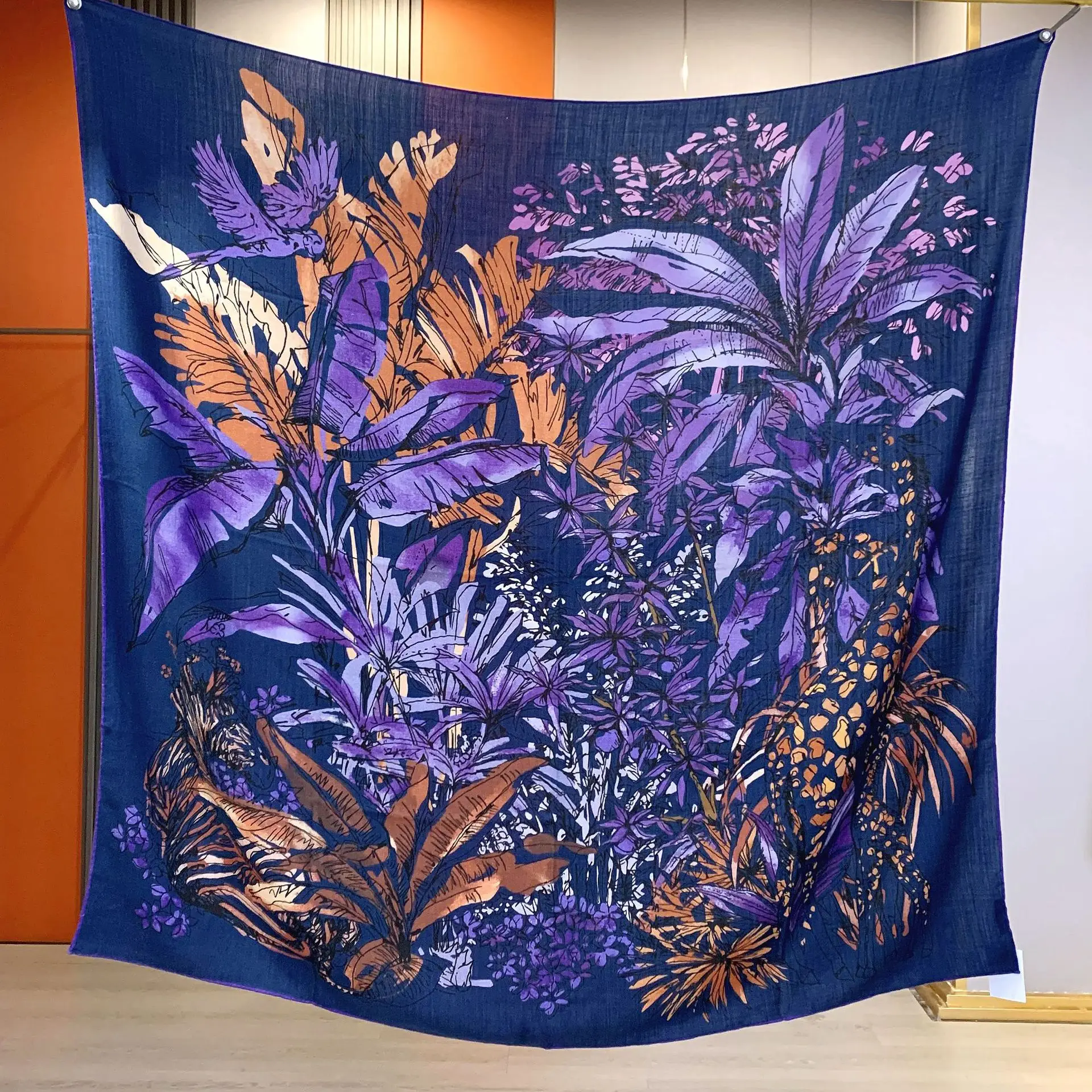 

Ferragamo Jungle print Silk Cashmere Scarf Women Warm Soft Stole Hijabs Square Winter Accessories Gift Hand Rolled Edges Shawls