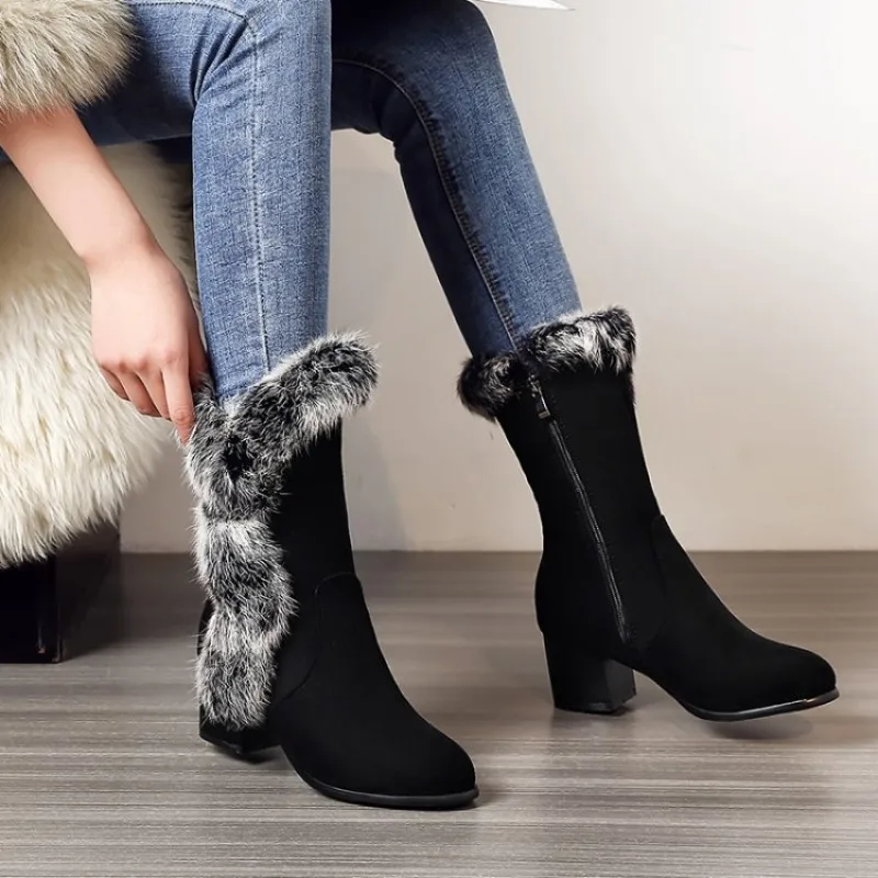 

Fashion Women's Boots with Faux Fur 5.5cm High Heel Round Toe Ladies Winter Warm Plush Thick Heels Comfortable Shoes Black White
