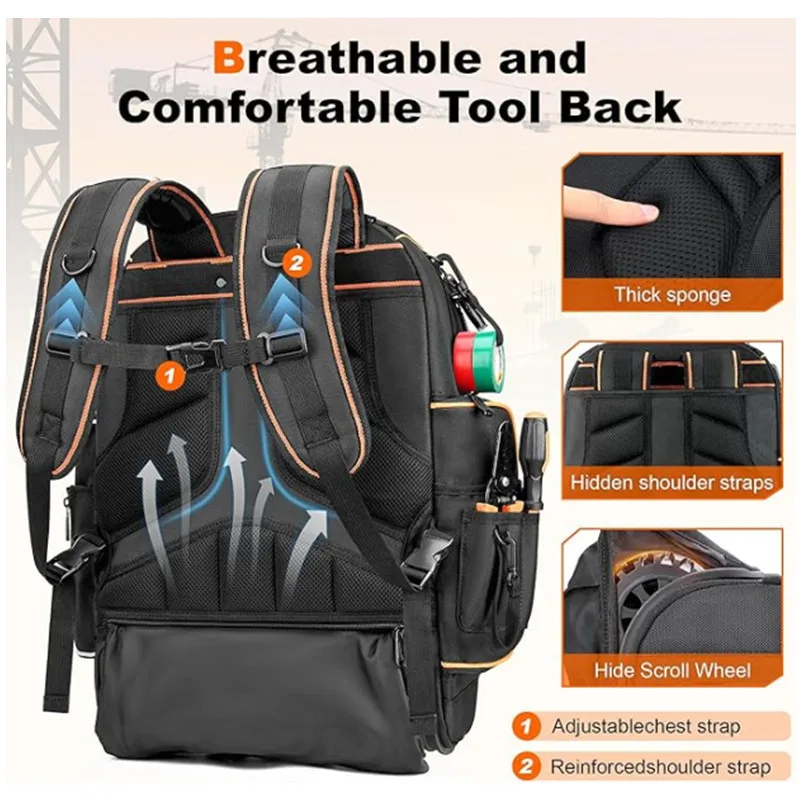Zaino Porta Attrezzi con Ruote, Borsa Porta Utensili Resistente di Grande Capacità, Organizer Professionale per Elettricisti - immagine 2