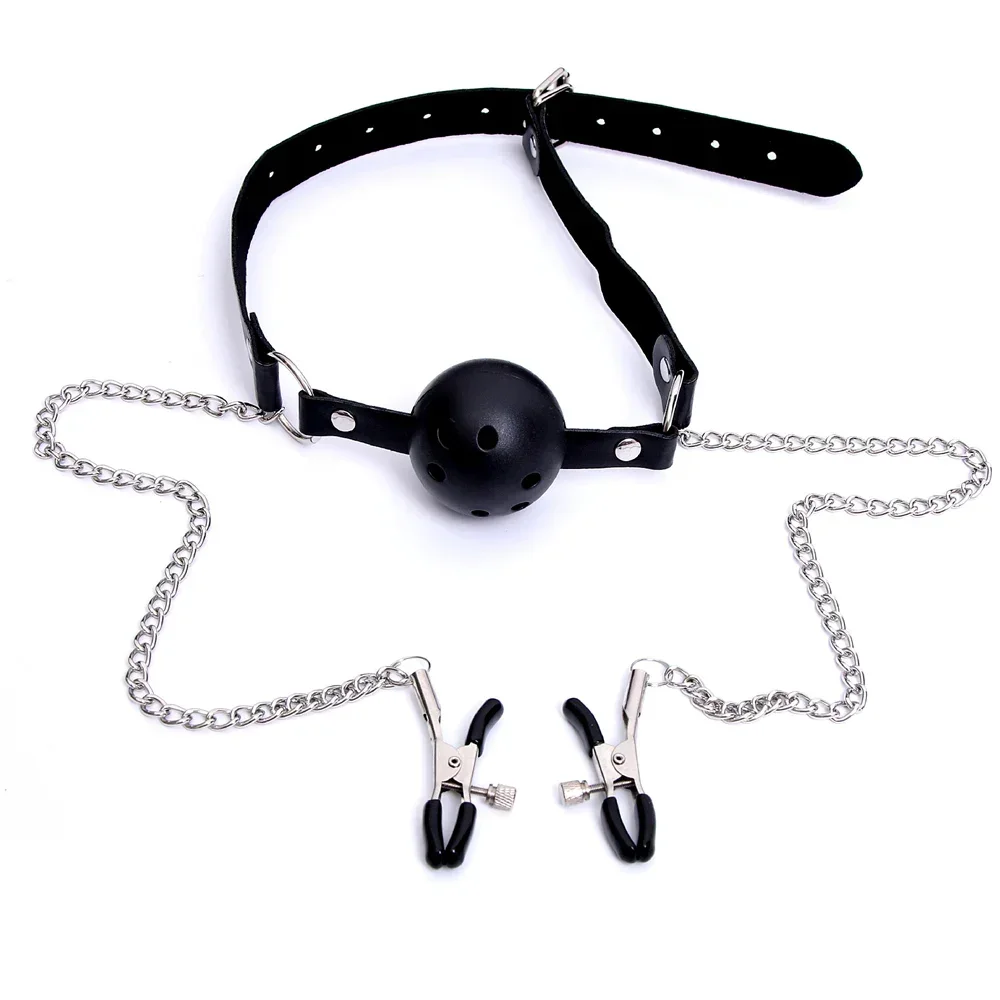 Erotic Toy PU Leather Mouth Gag Ball Oral Sex with Chain Clip Breast Nipple Clamps Fetish Bondage Harness Sex Toys Adult Games