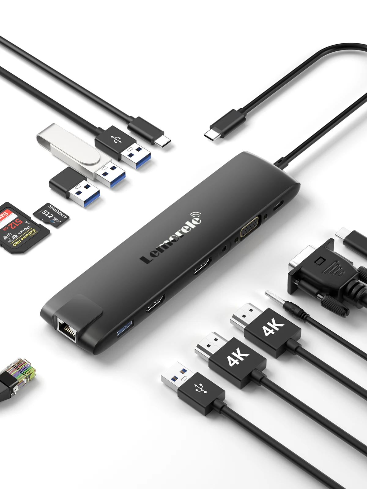 Lemorele TC96 USB Hub USB 3.1 Dock Station USBC to Dual HDMI 4K 10Gpbs Type-C Adapter VGA USBC 3.1Gigabit Ethernet for Mac Win 2