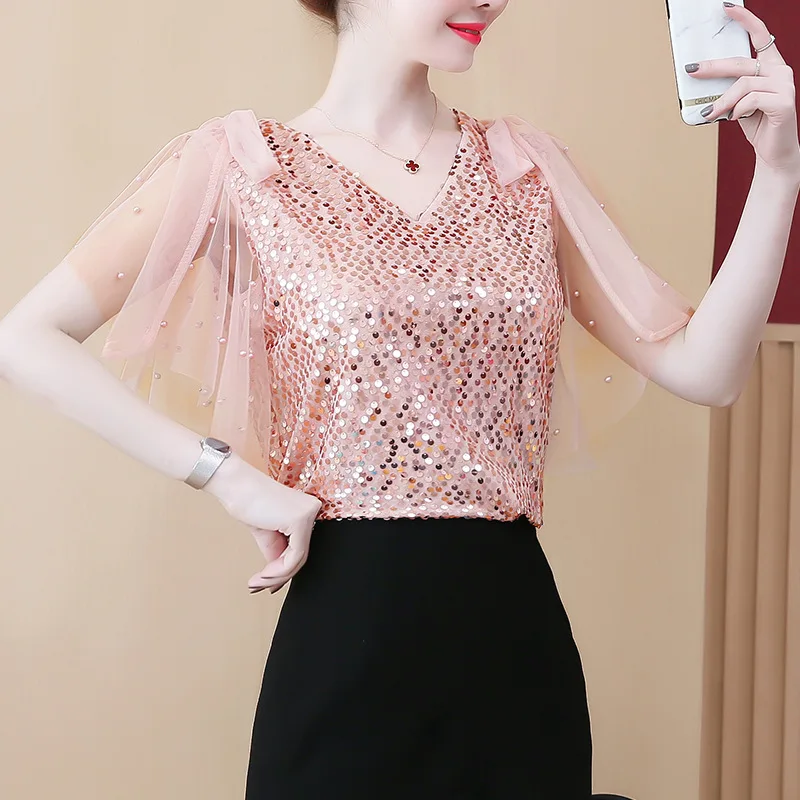 Summer Women's Fashion Short Sleeve Off Shoulder Chiffon Shirt Elegant Sequin T-shirt Stylish V-neck Slim Fit Shirt Top