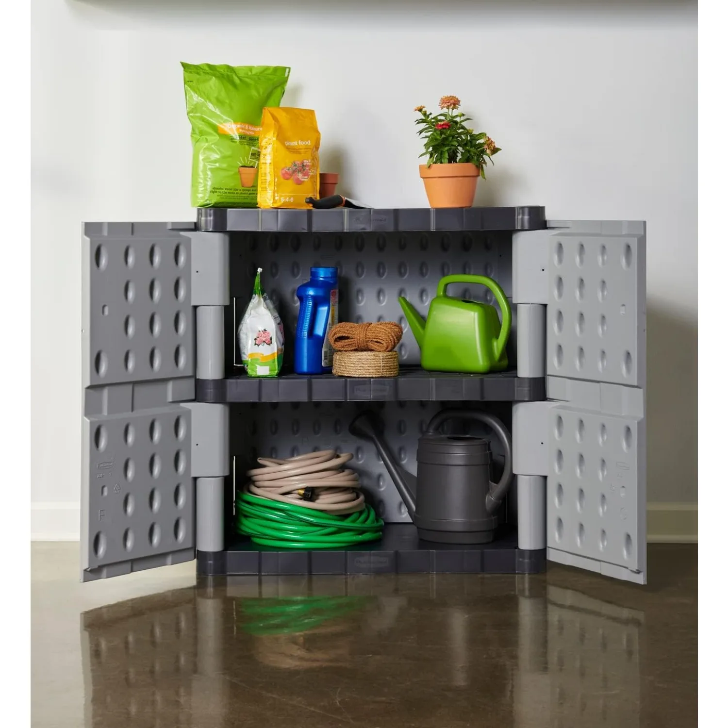 Rubbermaid Freestanding Storage Cabinet with Doors, 18"D x 36"W x 37"H, Medium Gray/Black, Two-Shelf Lockable Cabinet for Indoor 6