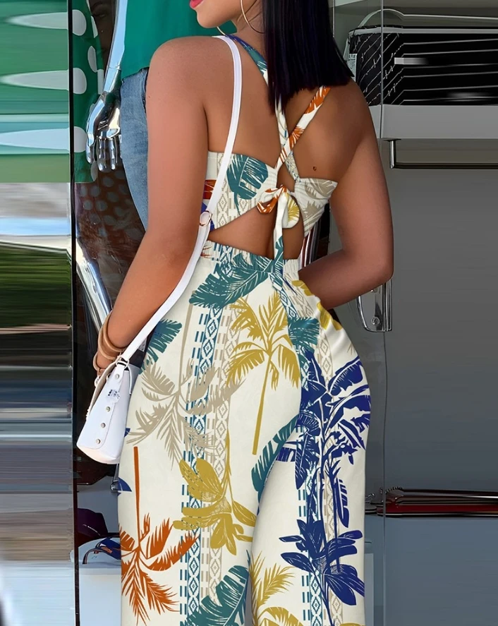 2024 Summer Women's New Tropical Print Lace Up Details Jumpsuit Style Casual Women's Comfortable Beach Jumpsuit