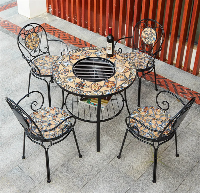 Description Picture 3 of itemOutdoor Patio Barbecue Table and Chairs Combination European Style Iron Garden Sets Home Outdoor Garden Leisure Grilling Table