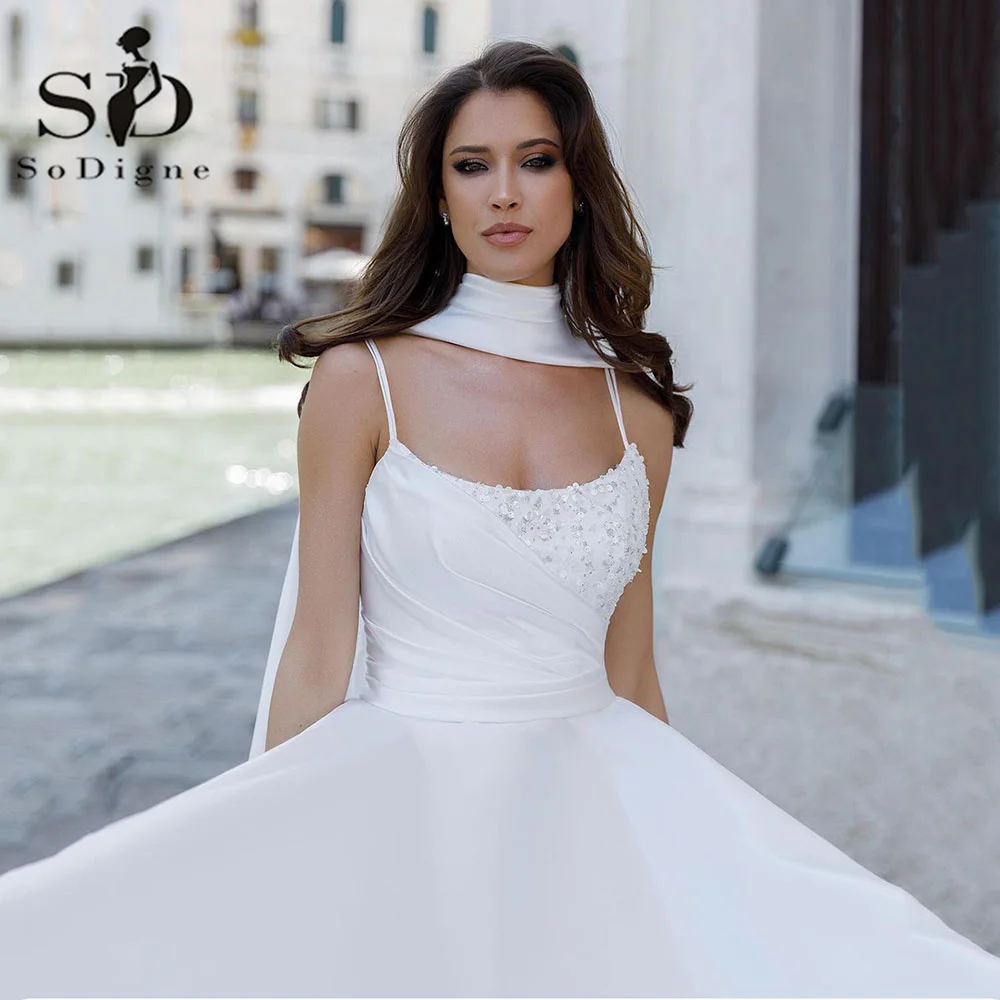 

SoDigne Vestido De Noiva 2023 Elegant Dubai Sequin Halter Satin Wedding Dress 2022 Women Bridal Dress Long White Wedding Gown