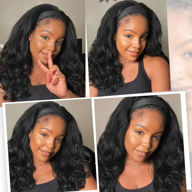 Synthetic Hair Headband Wig Yaki Curly Ends 16inch Middle Long Black Wig Female Kinky Straight for Black Women High Quality 5