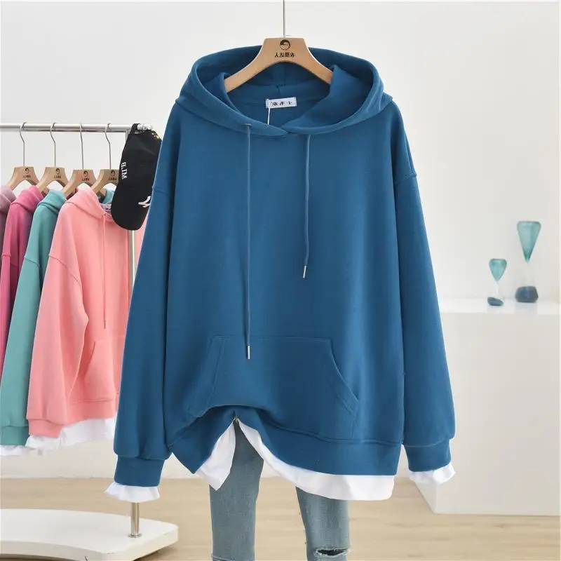 Fashion Spliced Pockets Fake Two Pieces Hooded Sweatshirts Female Clothing 2023 Autumn Loose Casual Tops Korean Sweatshirts