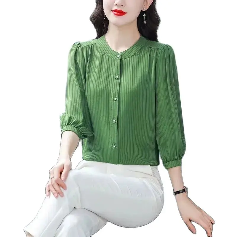 

Green Chiffon Stripe Pullover Crew Neck Women Shirt 2022 Summer New Three Quarter Sleeves Upscale Fashion Elegant Jacket Female