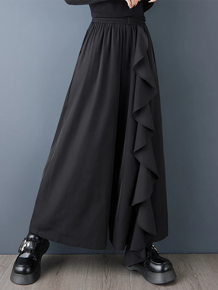 2025 Spring Autumn New Black Vintage High Waist Loose Wide Leg Pants Women Ruffles Casual Ladies Trousers Fashion Streetwear