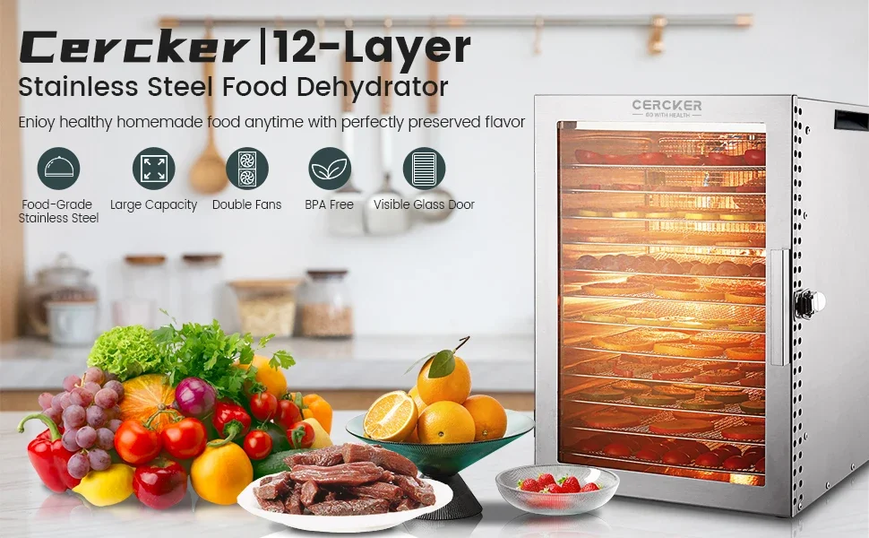 Description Picture 2 of itemMachine 12 Stainless Steel Trays, 800W Dehydrator for Herbs, 10.9ft² Meat Dehydrator for Jerky,190ºF Temperature