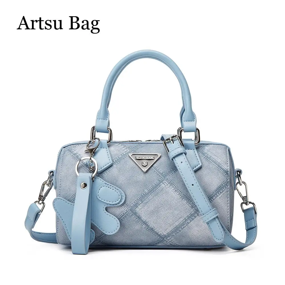

Artsu Women's Bag Fashion Trend Light Blue Plaid Handbag Bucket Shoulder Bag for Ladies Commuting Travel Top Handle Bags
