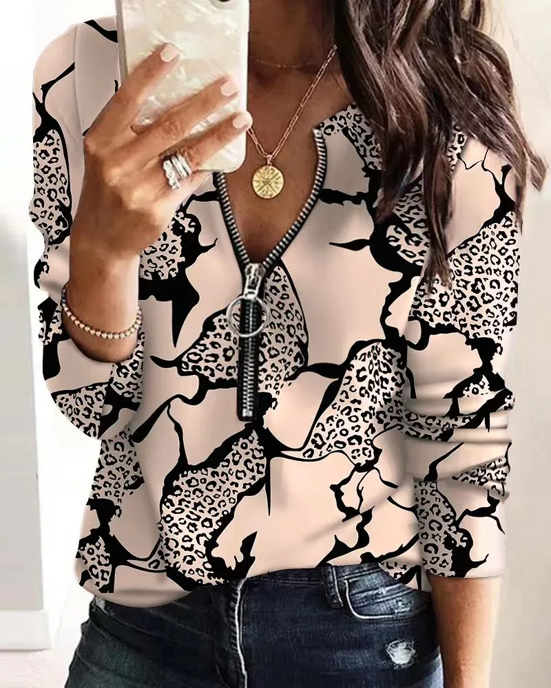 

2022 Autumn Printing Zipper Round Neck Long Sleeve Casual Top Women's Shirt Oversized T-Shirt Street Dress Support Wholesale