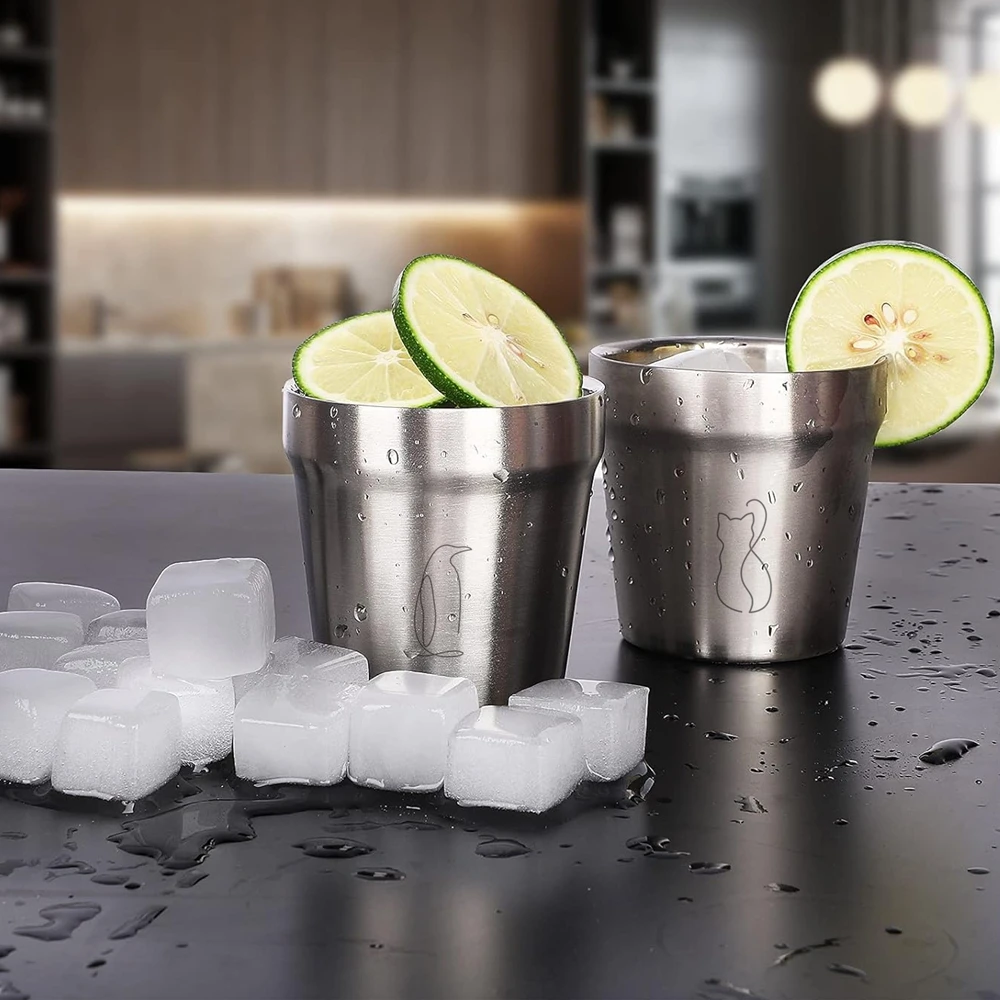 Set of 4 Reusable Double Wall Stainless Steel Cups - 175ml Durable Metal Mugs for Home and Outdoor Adventures
